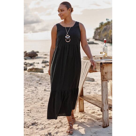 J. Jill Dress SZ Petite Medium Tiered Flounce Hem Midi Blk Gray Stripe Cotton - Picture 2 of 16